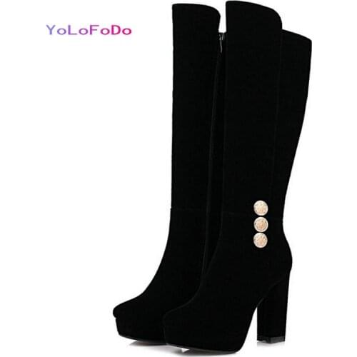 2021 Autumn Winter Women Knee High Boots Platform Square High Heel Ladies Boots Faux Suede High Quality Women Zipper Shoes Black