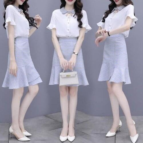 2021 Women Suit Set Summer New Korean Short Sleeve Blouse Shirt and Chiffon Midi Skirt Casual 2 Piece Sets Womens Outfits Y631