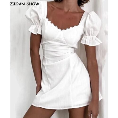 2020 Retro Stitching Lace Square Collar Short Sleeve Short Dress for Woman White French Mini Dresses Holiday