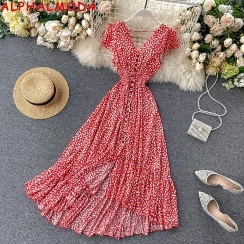 ALPHALMODA 2020 New Holiday Backless Floral Dress Irregular Design Single Breasted Slim Waist Women Beach Seashore Resort Dress