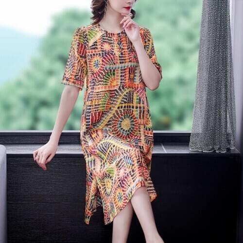 Women Boho Print Mulberry Silk Vintage Midi Dresses 2021 Summer Casual 4XL Plus Size Floral Dress Elegant Bodycon Party Vestidos