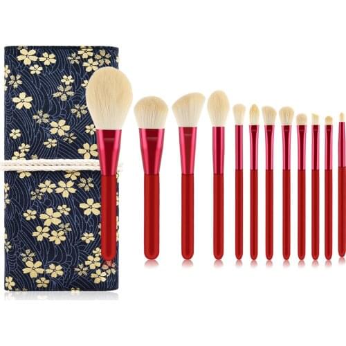 12 PCS Red Makeup Brushes with Bag Professional Foundation Powder Blush Eyeshadow Eyebrow Brush Set