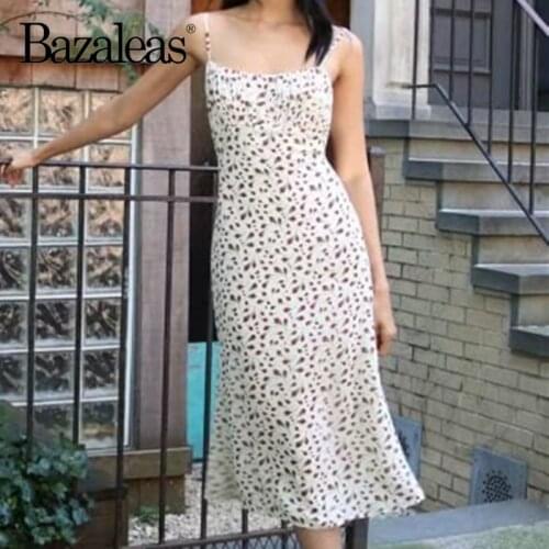 Bazaleas Sexy Ruched vestidos spaghetti strap women midi dress Elegant Red Rose Print Cream women Dresses
