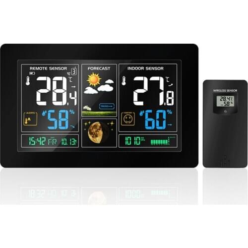 Wireless Weather Station Temperature Humidity Sensor Colorful LCD Display Barometer Forecast RCC Clock In/Outdoor EU Plug 3378