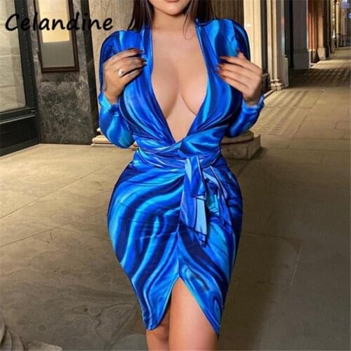 Celandine Sexy Women Party Club Long Sleeve Deep V Neck Mini Wrap Dresses 2021 Blue Tie Dye Print Skinny Fashion Short Dress