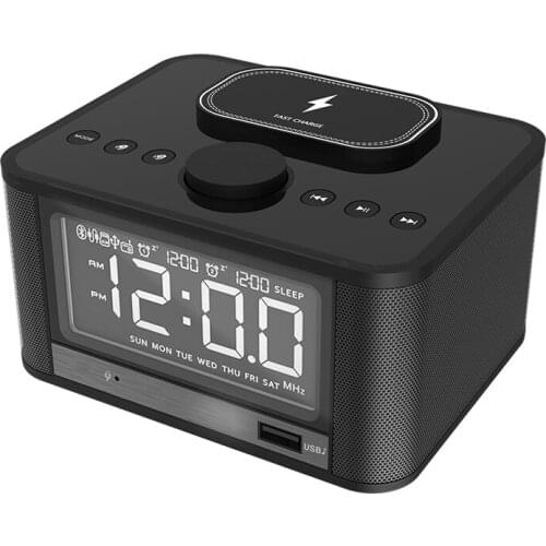 Alarm Clock QI Wireless Charger Speaker FM Radio Custom LOGO Time Display Blue tooth smart sound box USB charing Hotel bedside
