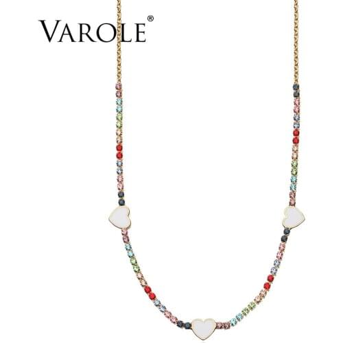VAROLE Lovely Heart Choker Necklace Colorful Crystal Link Chain Necklaces Pendants Copper Necklace for Women Collier