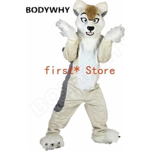 Long Fur Fox Grey Husky Dog Wolf Mascot Fursuit Costume Suits Cosplay Unisex Birthday Dress Adult Halloween Christmas Character