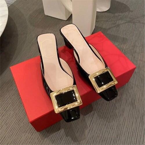 Kmeioo classic square toe mule sandals buckle mules slip-on mule slides summer fashion mule shoes for casual