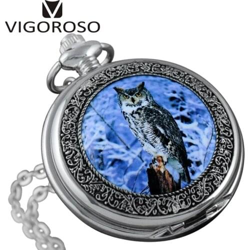 Unisex Snow and Owl Quartz Pocket Watch Silver Color Necklace Chain Pocket Watch Fob pockets Watch Lady Best Gifts
