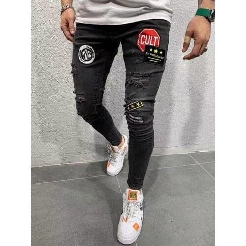 Mens printed jeans for men Spring And Autumn Trend New High Street Patch Slim Casual Stretch Mens Small Feetpencil Jeans S-3XL