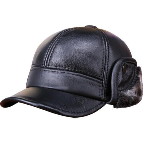 Mens Genuine Leather Hat Male Winter Warm Leather Cap Adult Ear Protection Baseball Cap Warm Winter Fur Lining Hat B-0592