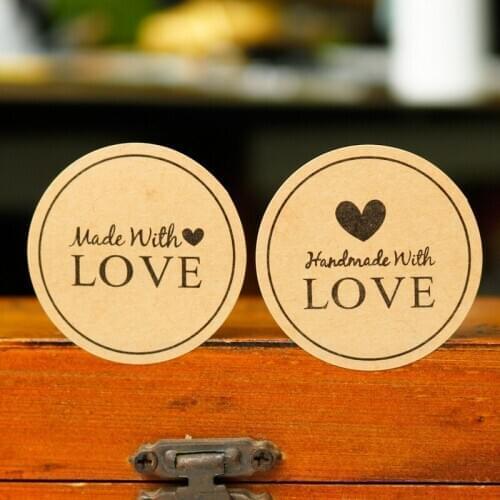 600pcs Handmade with Love Kraft Paper Stickers Round Heart Self Adhesive Labels Sticker DIY Bakery Cake Packagei