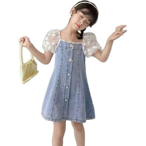 New Summer Denim Dresses For Girls Kids Teenagers Mesh Lace Embroidered Short Sleeve Clothes 2021 Children Cute Princess Dresses