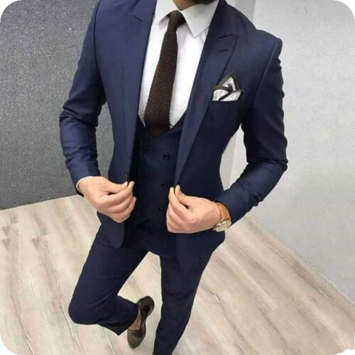 New Arrival One Button Navy Blue Groom Tuxedos Peak Lapel Groomsmen Men Blazers 3 pieces Suits (Jacket+Pants+Vest+Tie) NO:305