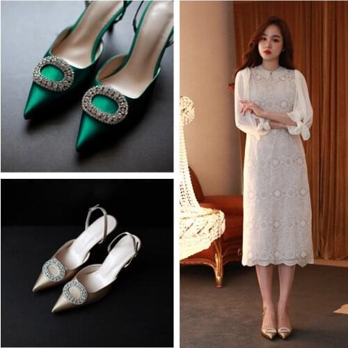 Summer New Style Womens Sandals Toe Cap Pointed Toe Rhinestone Hollow Single-layer Shoes Buckle Stiletto Strap Womens Shoes