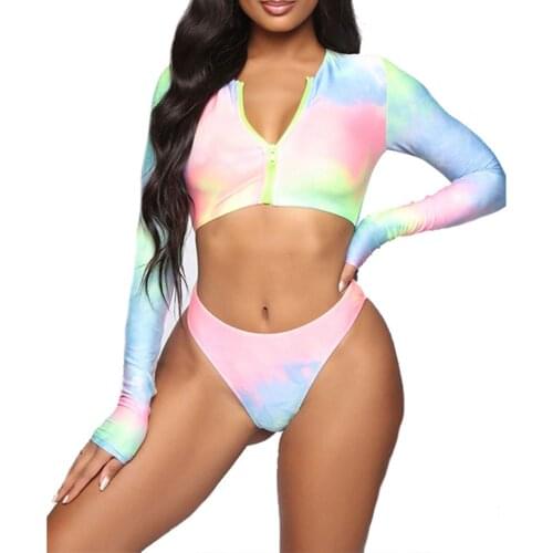 Brand New Women Swimsuit Set Ladies Tie-Dye Long Sleeve Zipper Tops+Panty Two-piece Suit for Vacation Swimming Beach