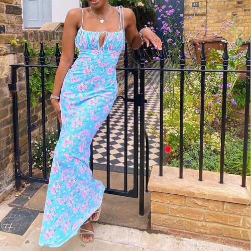 Floral Print Lace Up Womens Maxi Dresses Sexy Sleeveless Backless Female Skinny Dress 2021 Summer Lady Elegant Holiday Vestidos