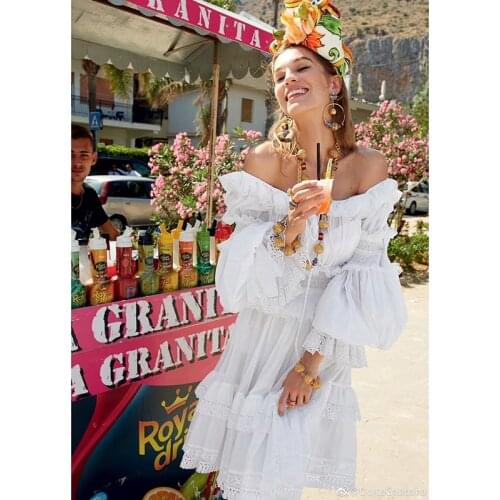 Sexy Elegant Off Shoulder White Lace Chiffon Patchwork Dress Womens Summer Long Sleeve Elasticity Waist Bohemian Beach Dress