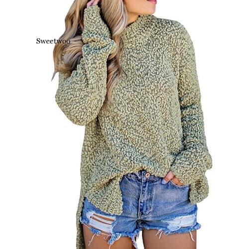 Turtleneck Long Sleeve Womens Fleece Pullover 2020 New Autumn Winter Irregular Sweater Jumper