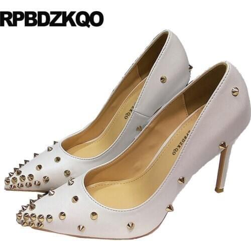 Rivet big size 8cm designer heels women luxury 2019 stud metal super thin white high pointed toe pumps slip on shoes fashion new
