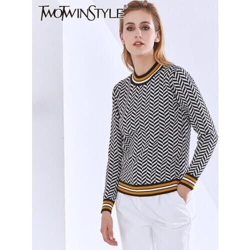 TWOTWINSTYLE Striped Sweaters For Women O Neck Long Sleeve Casual Hit Color Knitting Pullovers Female 2020 Fashion Clothing Tide