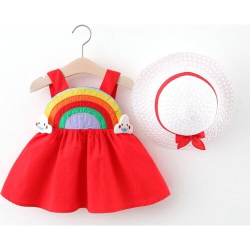 6M-3Y Baby Girls Dress Summer Kawaii Sweet Rainbow Patterns Sleeveless Princess Dress Hat Set Outfit Kids Clothes Toddler платье