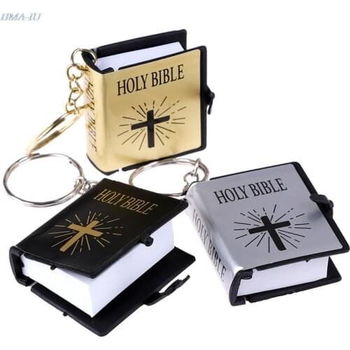 1Pc Mini English Holy Bible Keychain Religious Christian Jesus Cross Key Ring 4*3.4*1.1cm