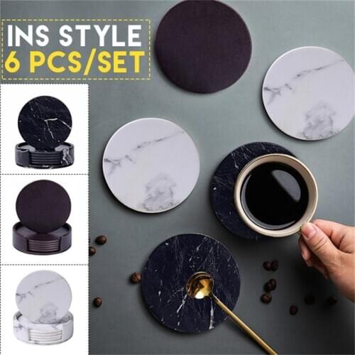 6 Pcs PU Leather Round Coaster Drink Coffee Cup Mat Marble Tea Pad Table Placemats Holder Black White Table Kitchen Decoration
