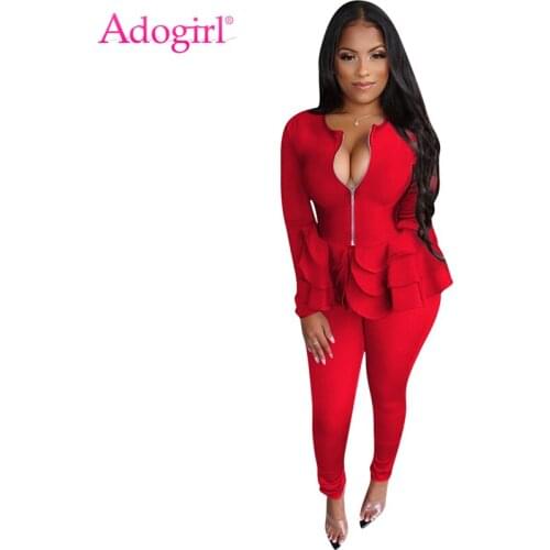 Adogirl Women Solid Fashion Casual Two Piece Set Zipper Long Sleeve Ruffle Hem Blazer Jacket Coat Top Pencil Pants Business Suit