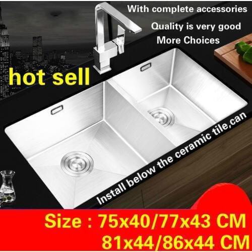 Free shipping Standard kitchen manual sink double groove 304 food grade stainless steel big hot sell 75x40/77x43/81x44/86x44 CM