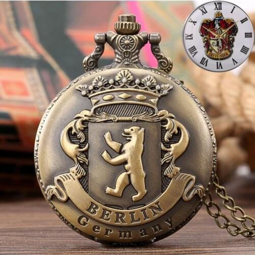 Bronze Germany Berlin Carved Bear Necklace Quartz Pocket Watch Simple Round Dial Lovely Pendant Chain Fob Clock Women Men Gifts