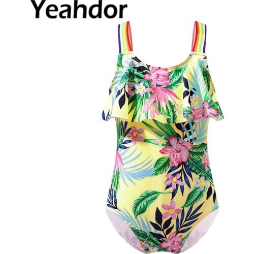 Kids Girls One-piece Swimwear Summer Rainbow Print Straps Ruffle Trim Print Jumpsuit Bodysuit Beach Pool Swimming Bathing Suit