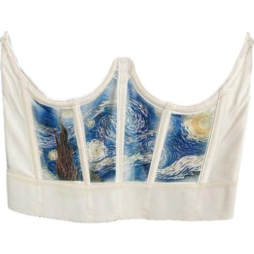 Women Sexy Underbust Bustiers Corset Vintage Art Oil Painting Starry Night Print Elastic Waist Shaper Girdle Cincher 066F