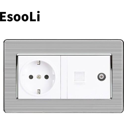 Esooli EU Standard Wall Socket+Female TV Jack With Internet Computer Data RJ45 CAT6E Connector Stainless Steel Brushed Pane