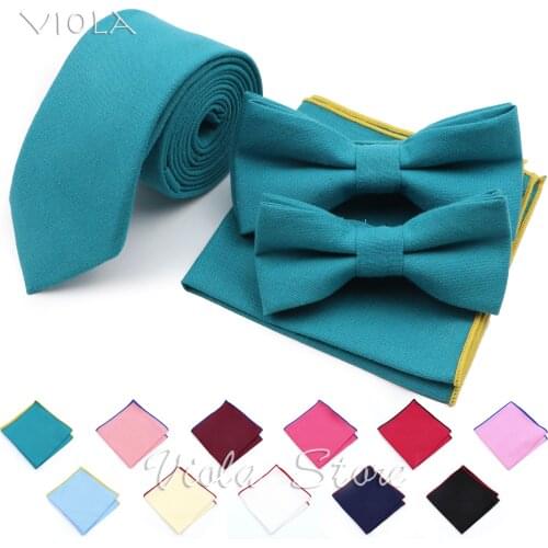 Solid 100%Cotton 6cm Tie Bowtie Set Rose Red Navy Blue Pink Necktie Handkerchief Wedding Fashion Classic Gift For Men Accessory