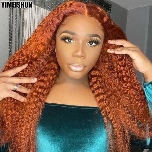Kinky Curly Wig Ginger 4x4 Lace Closure Ginger T Part Lace Wig Human Hair Curly 180 Density Brazilian Hair Wigs Human Yimeishun