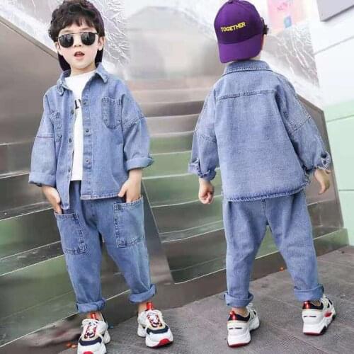 For 3 4 5 6 8 10 12 13Yrs Spring Autumn Kid Baby Boys Denim Outerwear Jackets +Pants 2Pcs/Set Turn-down Collar Boys Clothing