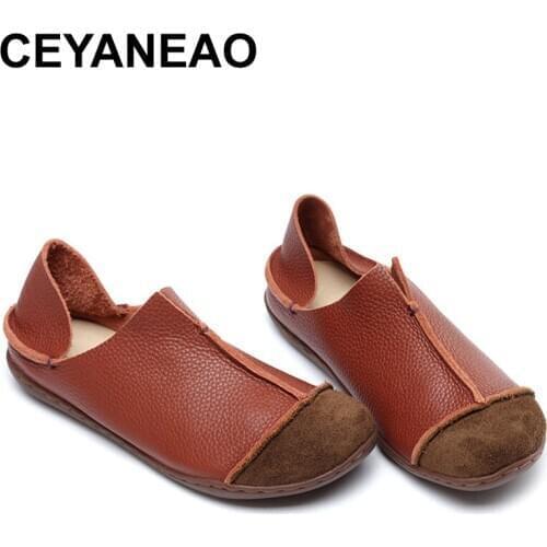 CEYANEAO Hot Sale Genuine Leather Women Shoes 2017 Fashion Lace up Casual Flat Shoes Peas Non-Slip Outdoor ShoesE824