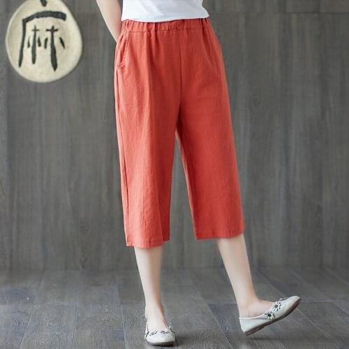 Linen Trousers 100% Cotton Plus Size Women Pants Summer Elastic Waist Loose Casual White Wide Leg Pants Womens Pocket Cotton
