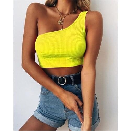 Sexy Women One Shoulder Short Tanks Solid Color Low Chest Sleeveless Vest Fashion Casual Beach High Street 2021 Summer Clothes