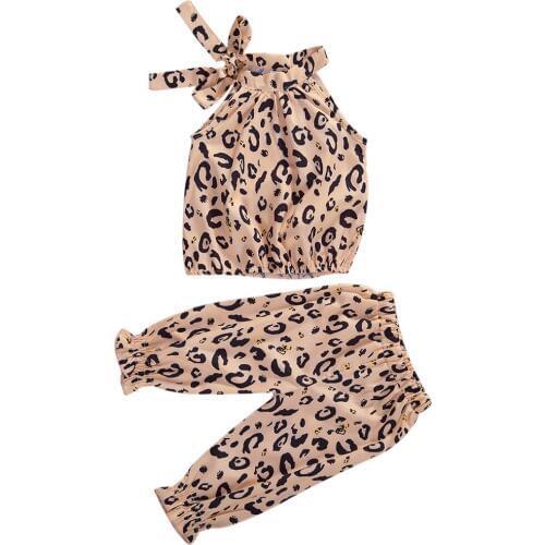 Fashion Kids Baby Girls Clothes Sets Leopard Print Sleeveless Belt Vest Tops Pants 2pcs