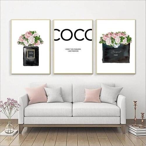 Fashion Wall Art Perfume Bag Poster Nordic Print Rose Flower Canvas Painting Woman Pictures for Living Room Modern Decoration