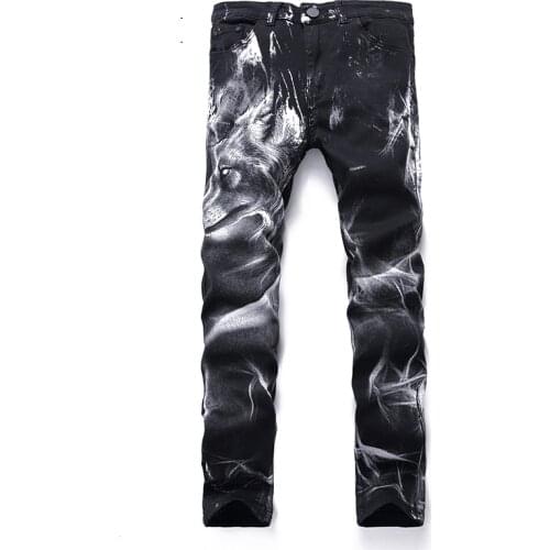 Gersri New Men Jeans Patchwork Retro Pants Lion Pattern Cool Pants Slim Classic Denim Personality Design Trousers Big Plus Size