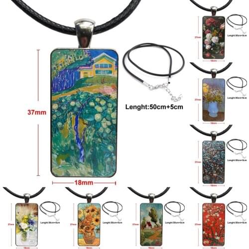 For Men Women Necklace With Steel Plated Glass Cabochon Choker Long Pendant Rectangle Necklace Vintage Van Gogh Flower