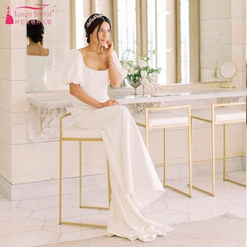 Puff Sleeve Simple Wedding Dresses Mermaid Satin Bridal Gowns Square Neck Boho Vestido De Noivas ZW491
