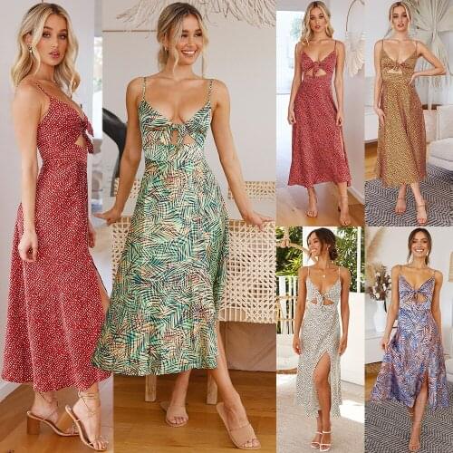 Sexy Dress Floral Print Sling V Neck Bow Tie Hollow Out Side Split Backless Midi Dress Summer Beach Holiday Vestidos Mujer