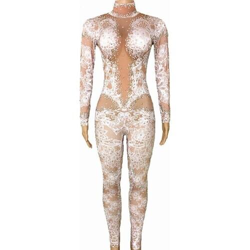 Sexy Rhinestones Jumpsuit Women Nightclub Party Wear Dance Bodysuit Fashion Rompers party costume