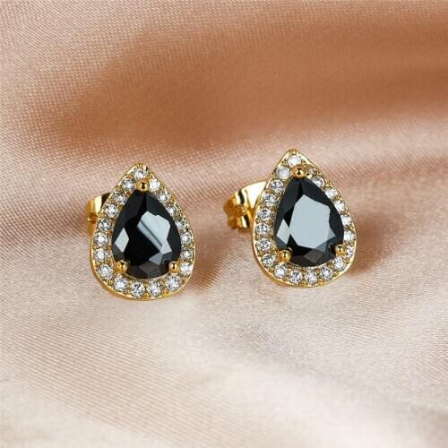 Vintage Black Stone Water Drop Zircon Stud Earrings For Women Wedding Jewelry Fashion Rose Gold/Black/Gold/Silver Color Earrings