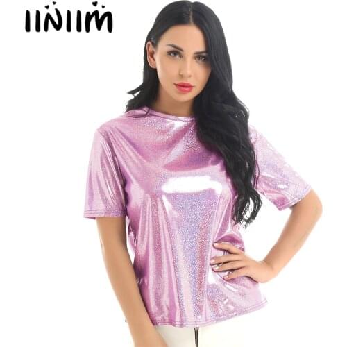 Womens Clothing Nighting Tops Sparkly Shiny Reflective Metallic O Neck Short Sleeves Casual Loose Short Comfy Top Tee T-Shirt